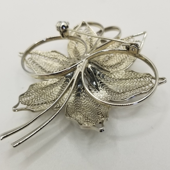 Vintage Silvertone Wirework Flower Brooch Pin Faux Pearls Gray Large Estate - Picture 9 of 10